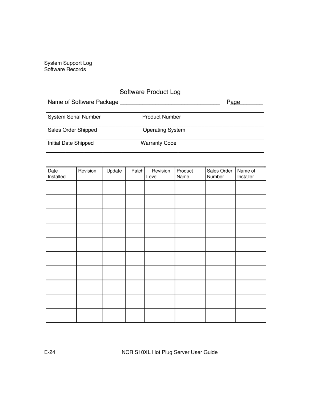 NCR S10XL manual Software Product Log 