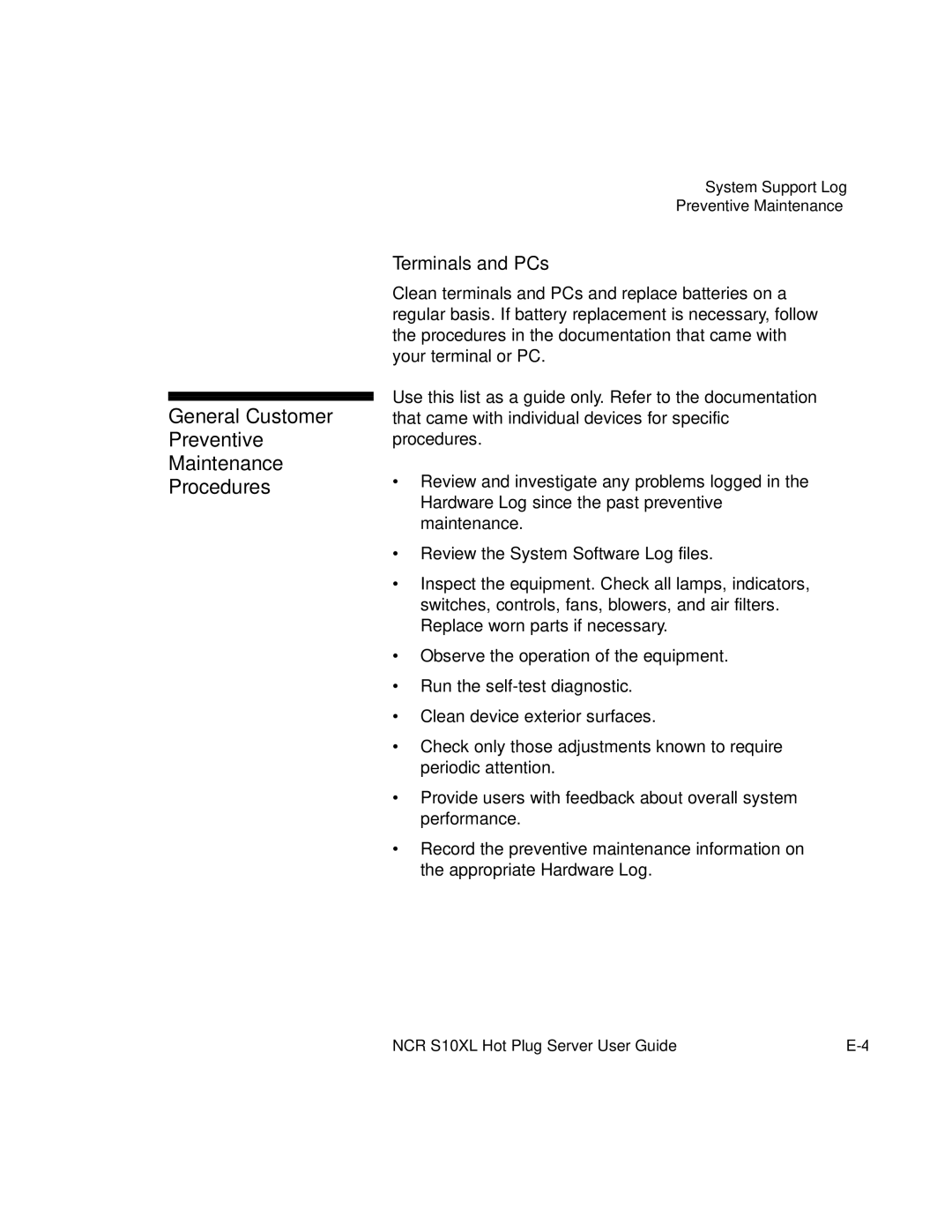 NCR S10XL manual General Customer Preventive Maintenance Procedures, Terminals and PCs 