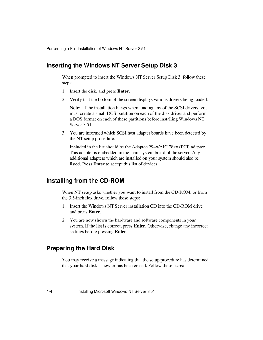 NCR S16 manual Inserting the Windows NT Server Setup Disk, Installing from the CD-ROM, Preparing the Hard Disk 