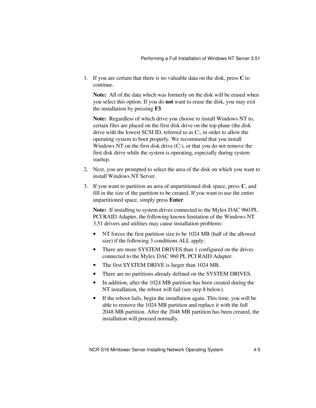 NCR S16 manual Performing a Full Installation of Windows NT Server 