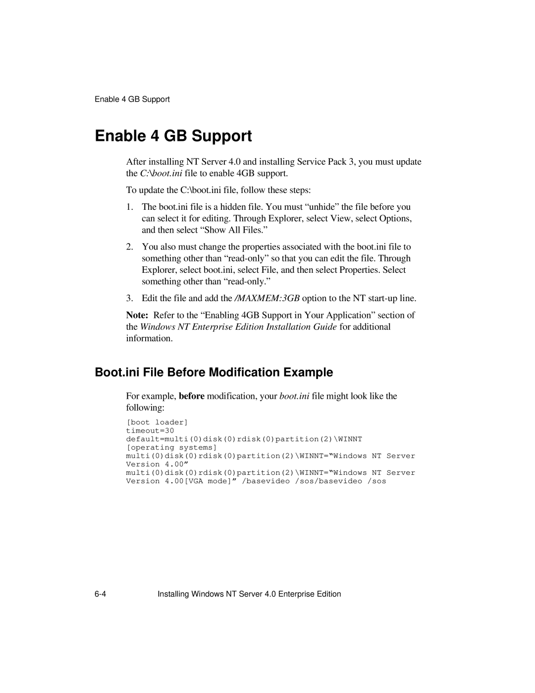 NCR S16 manual Enable 4 GB Support, Boot.ini File Before Modification Example 