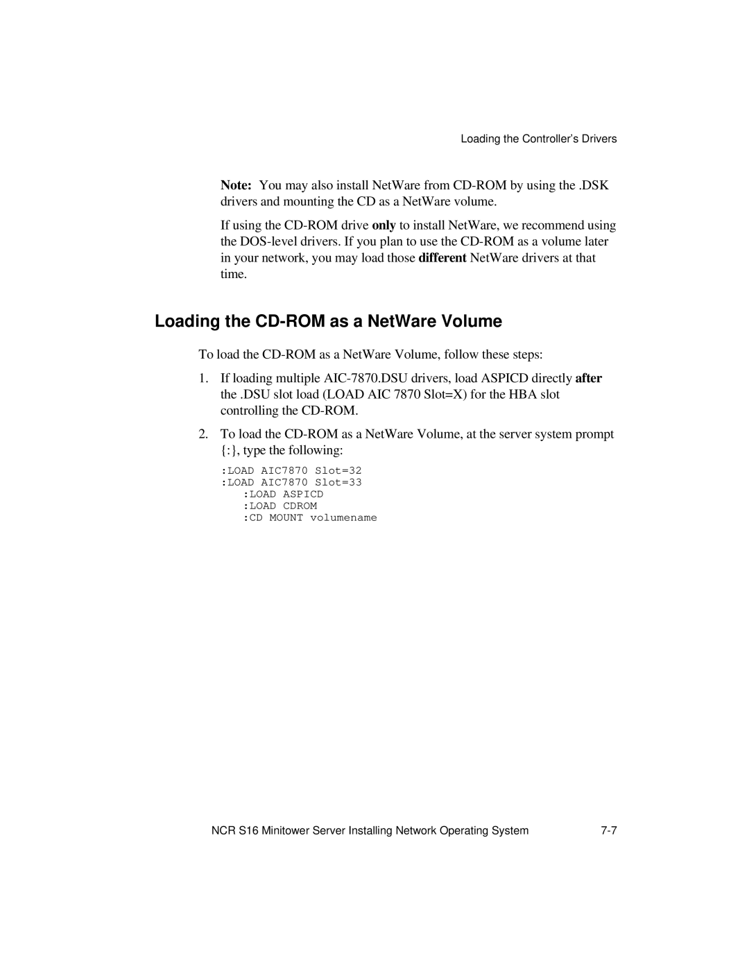 NCR S16 manual Loading the CD-ROM as a NetWare Volume 