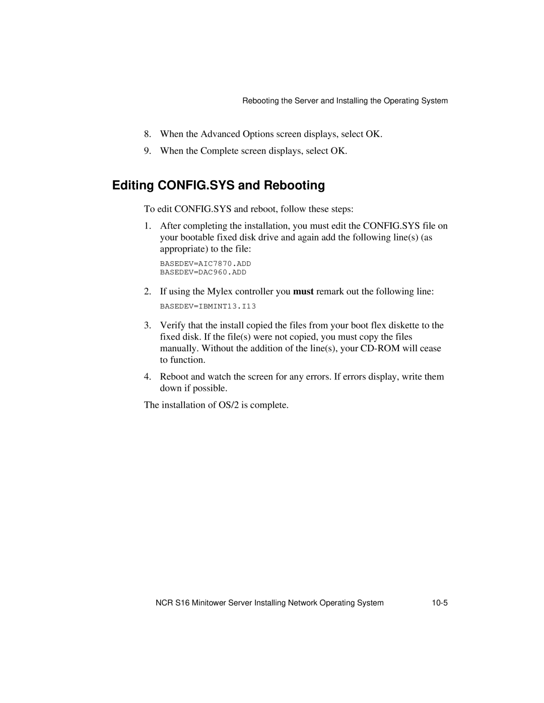 NCR S16 manual Editing CONFIG.SYS and Rebooting 