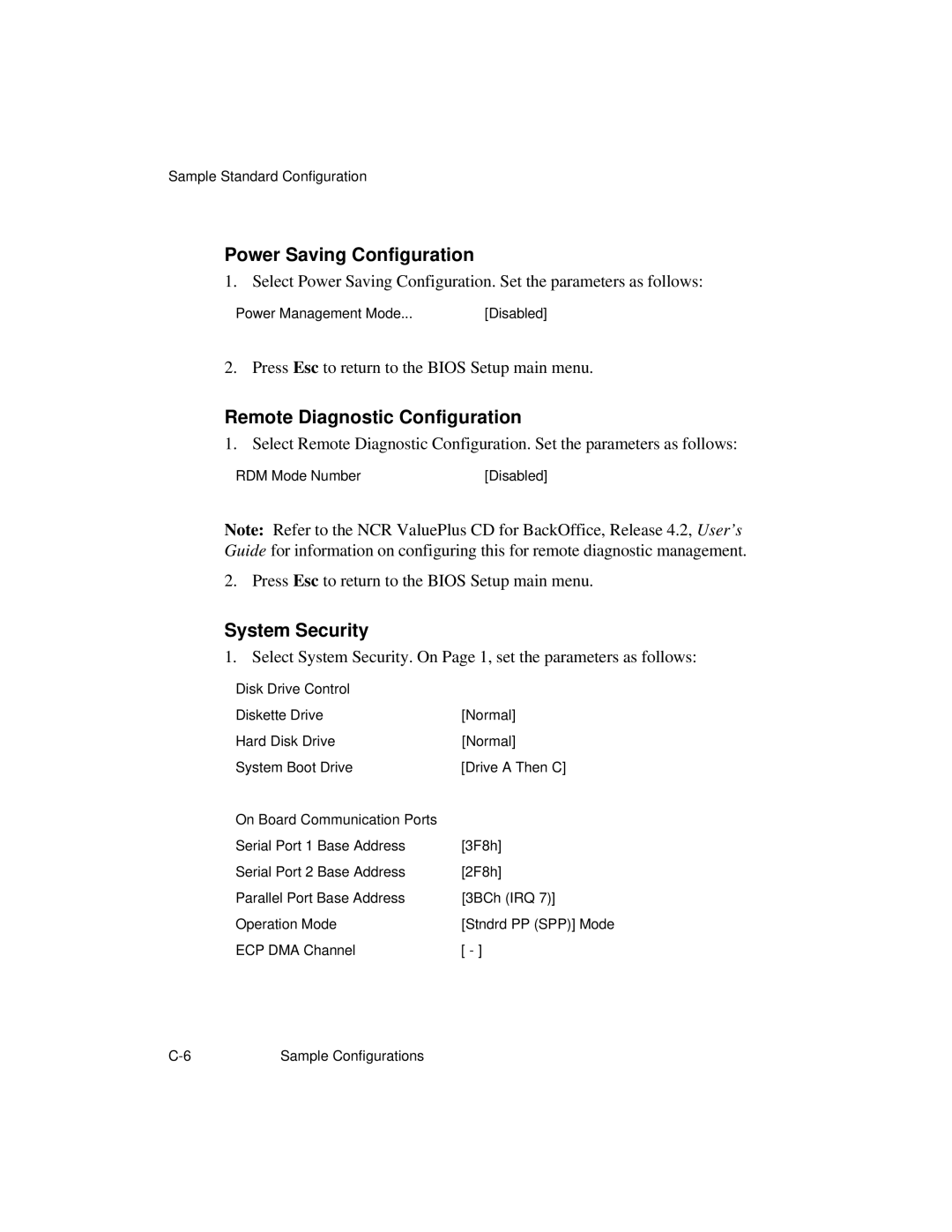 NCR S26 manual Power Saving Configuration, Remote Diagnostic Configuration, System Security 