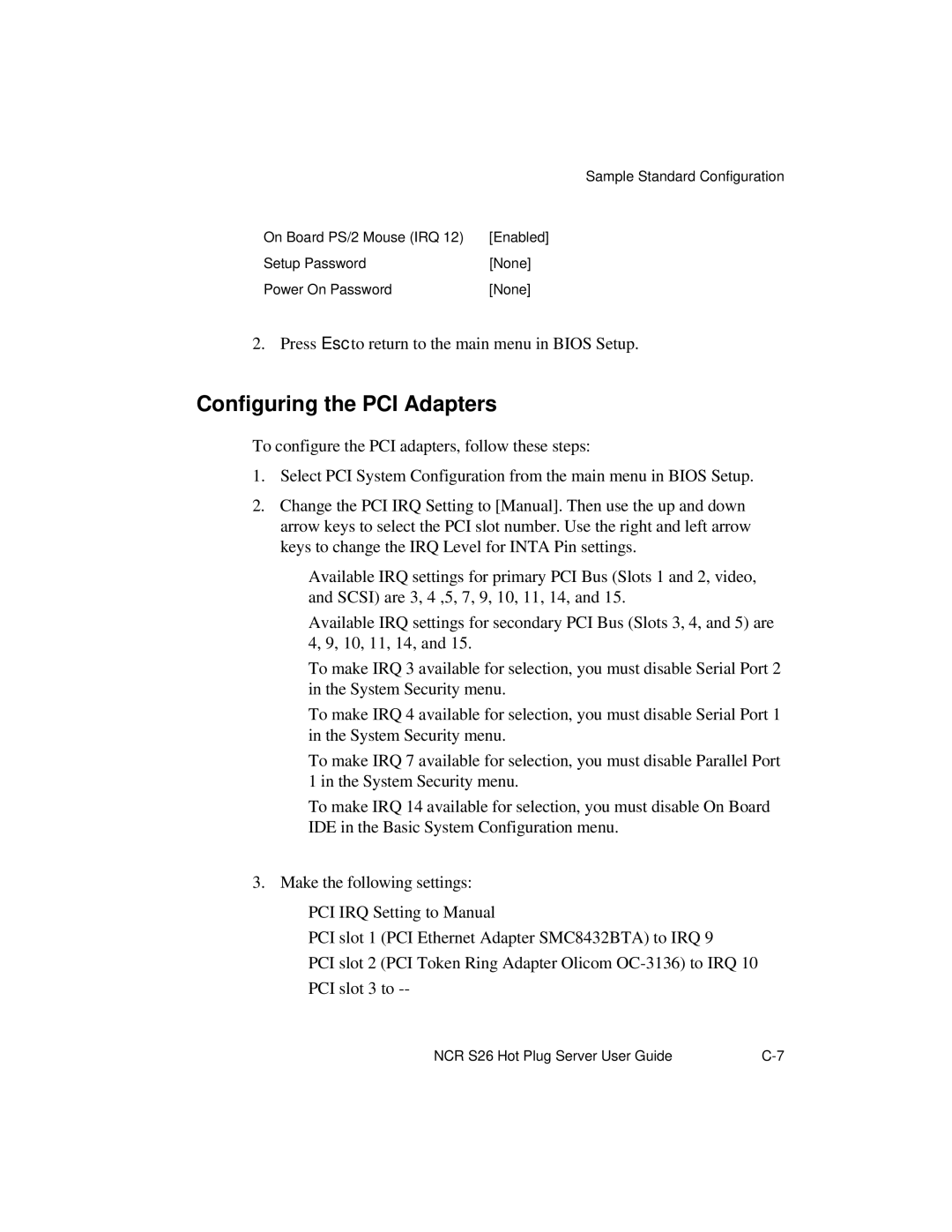 NCR S26 manual Configuring the PCI Adapters 