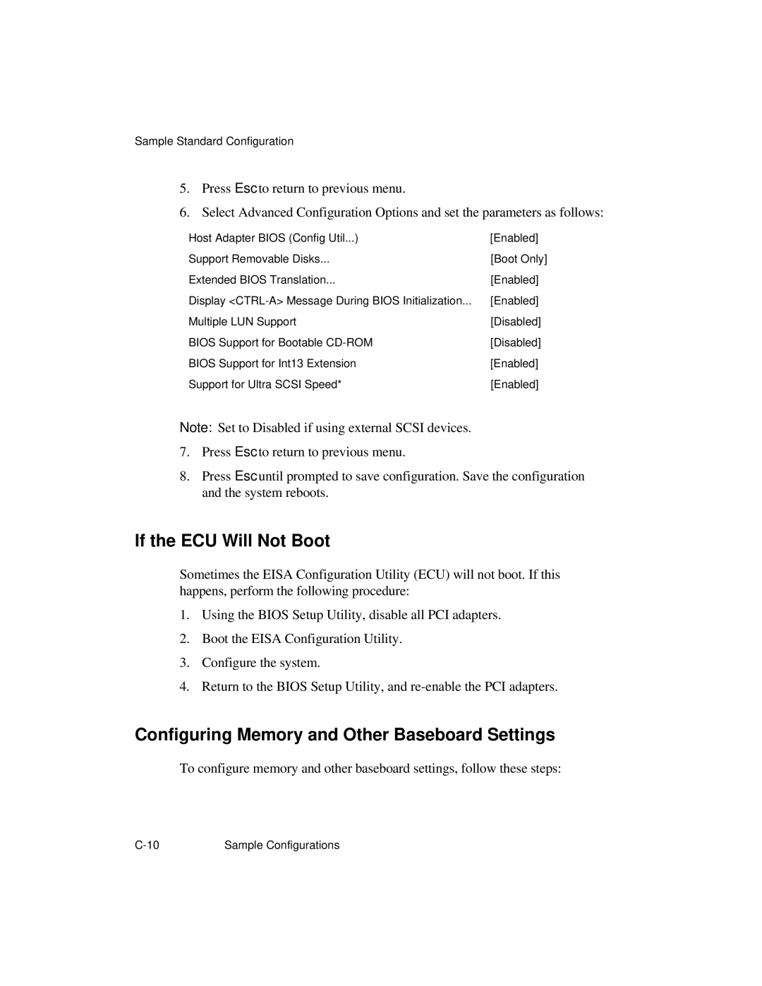 NCR S26 manual If the ECU Will Not Boot, Configuring Memory and Other Baseboard Settings 