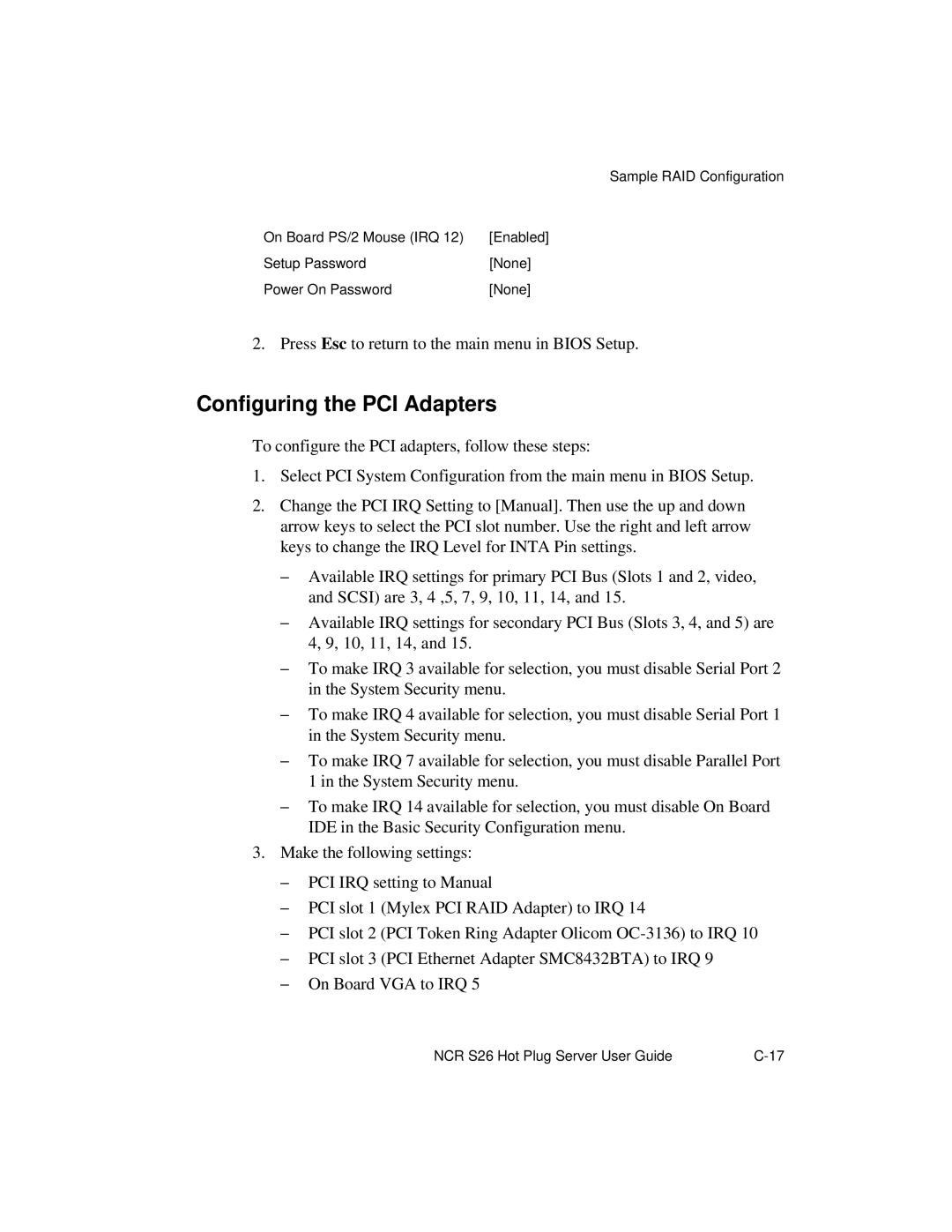 NCR S26 manual Sample RAID Configuration On Board PS/2 Mouse IRQ 