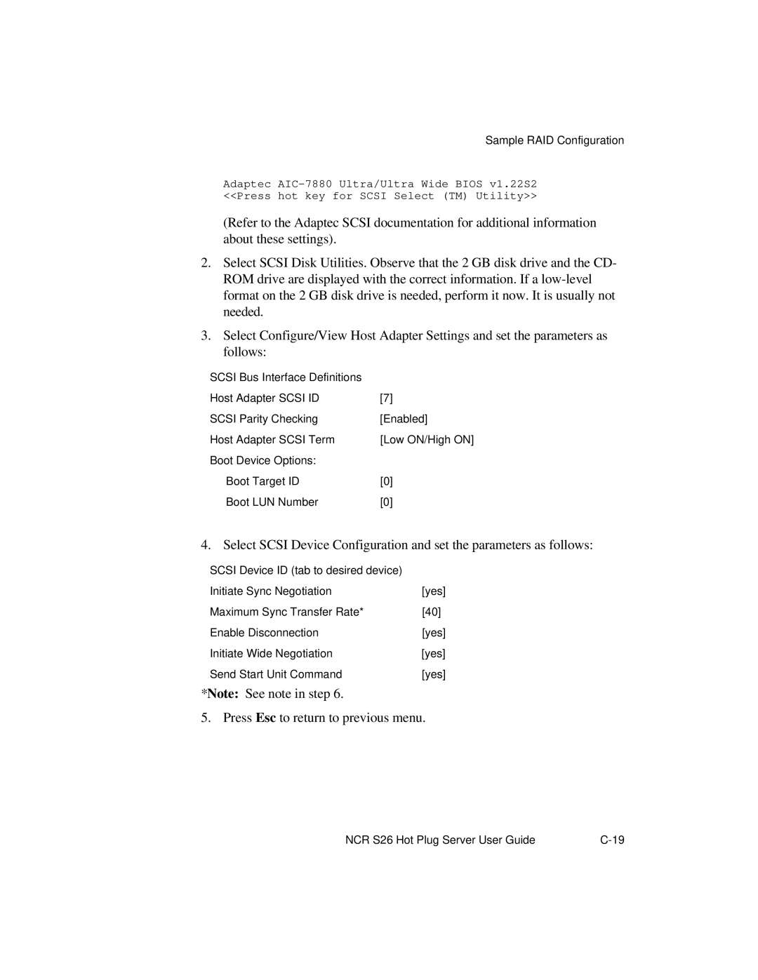 NCR S26 manual Press Esc to return to previous menu 