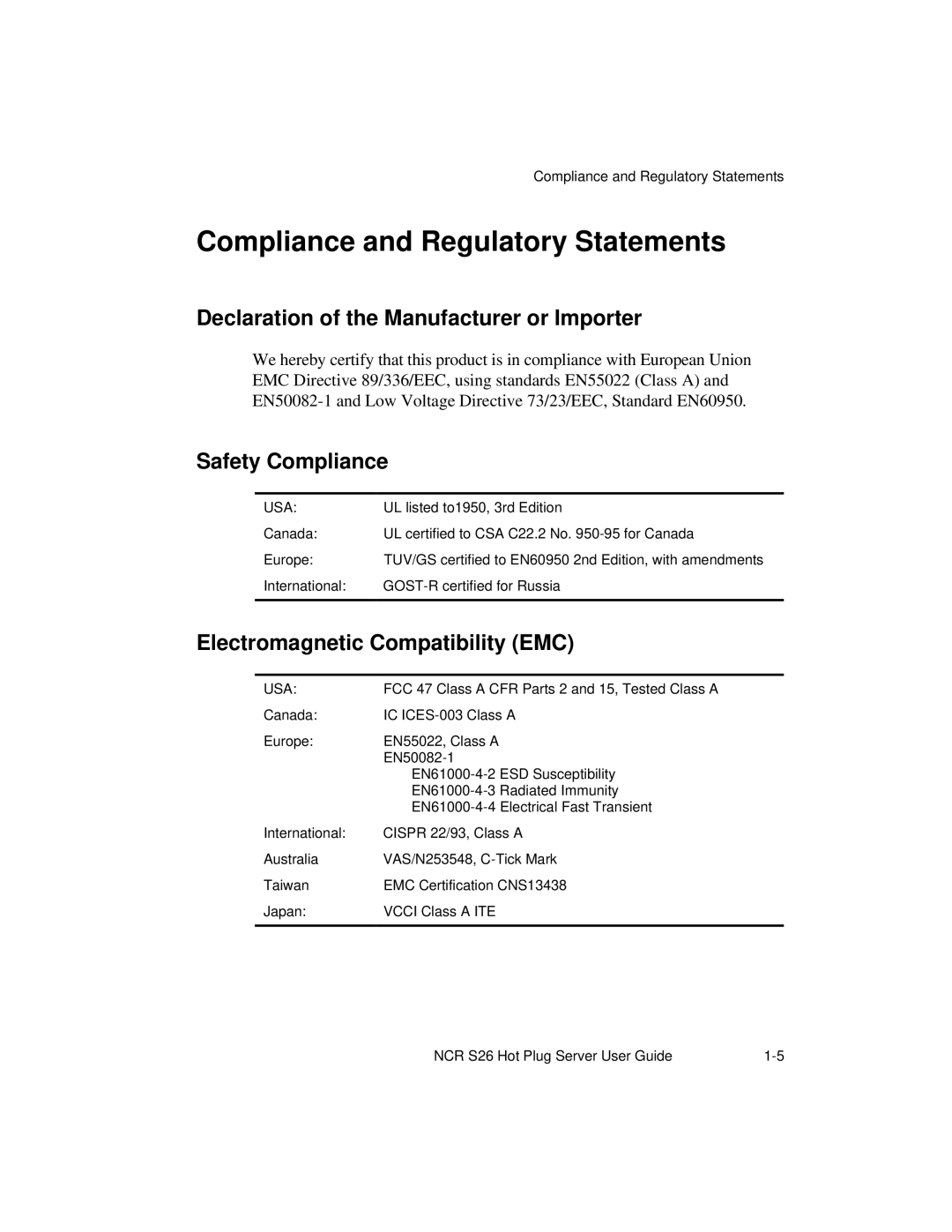 NCR S26 manual Compliance and Regulatory Statements, Declaration of the Manufacturer or Importer, Safety Compliance 