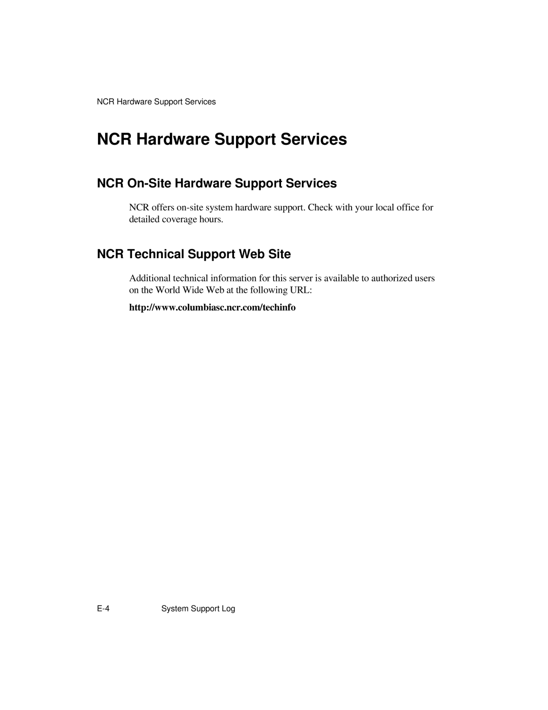 NCR S26 manual NCR Hardware Support Services, NCR On-Site Hardware Support Services, NCR Technical Support Web Site 