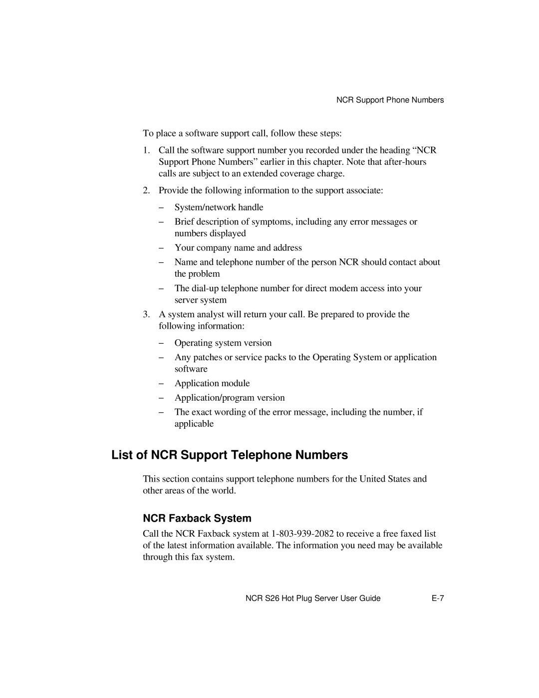 NCR S26 manual List of NCR Support Telephone Numbers, NCR Faxback System 