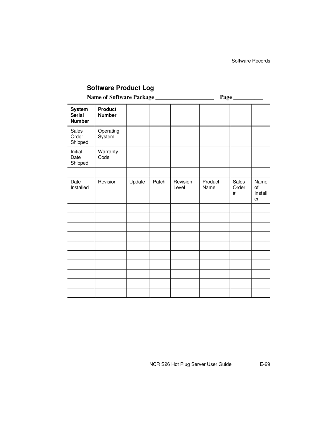 NCR S26 manual Software Product Log, System Product Serial Number 