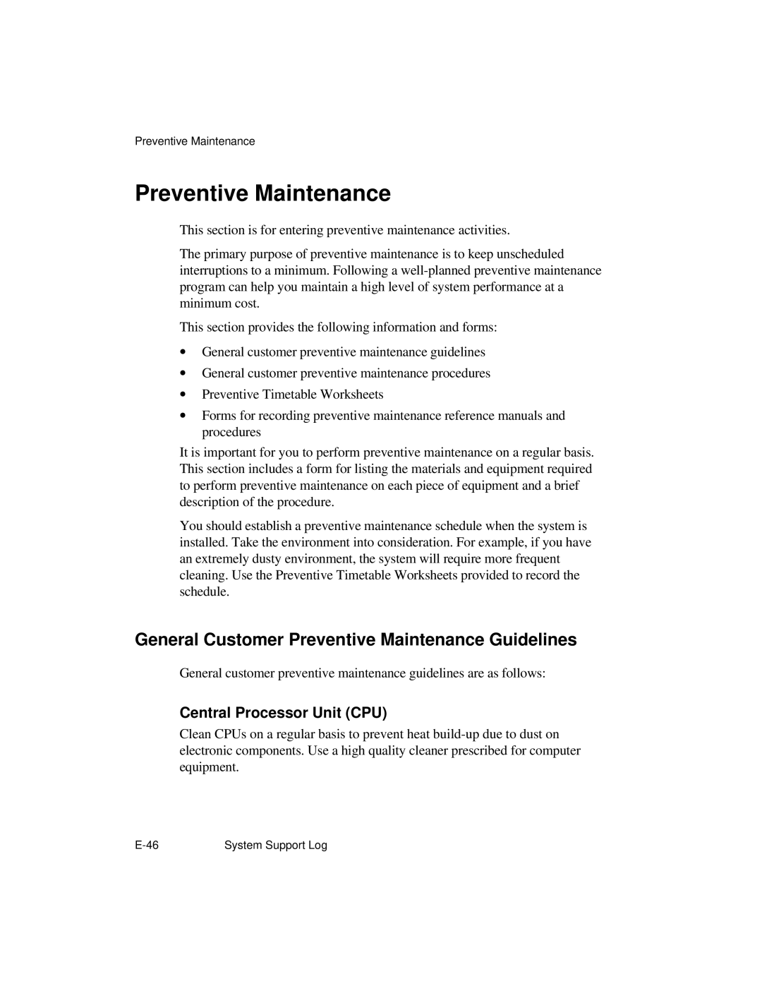 NCR S26 manual General Customer Preventive Maintenance Guidelines, Central Processor Unit CPU 