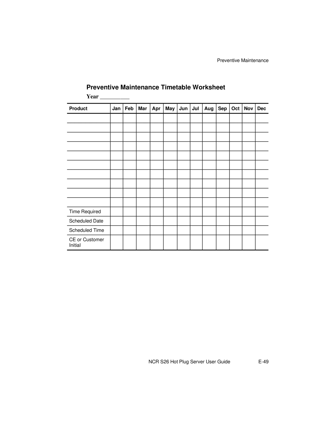 NCR S26 manual Preventive Maintenance Timetable Worksheet, Product Jan Feb Mar Apr May Jun Jul Aug Sep Oct Nov Dec 