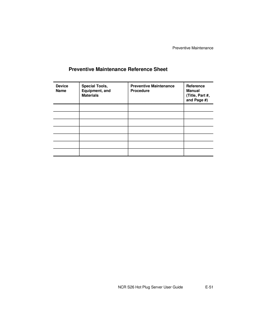 NCR S26 manual Preventive Maintenance Reference Sheet 