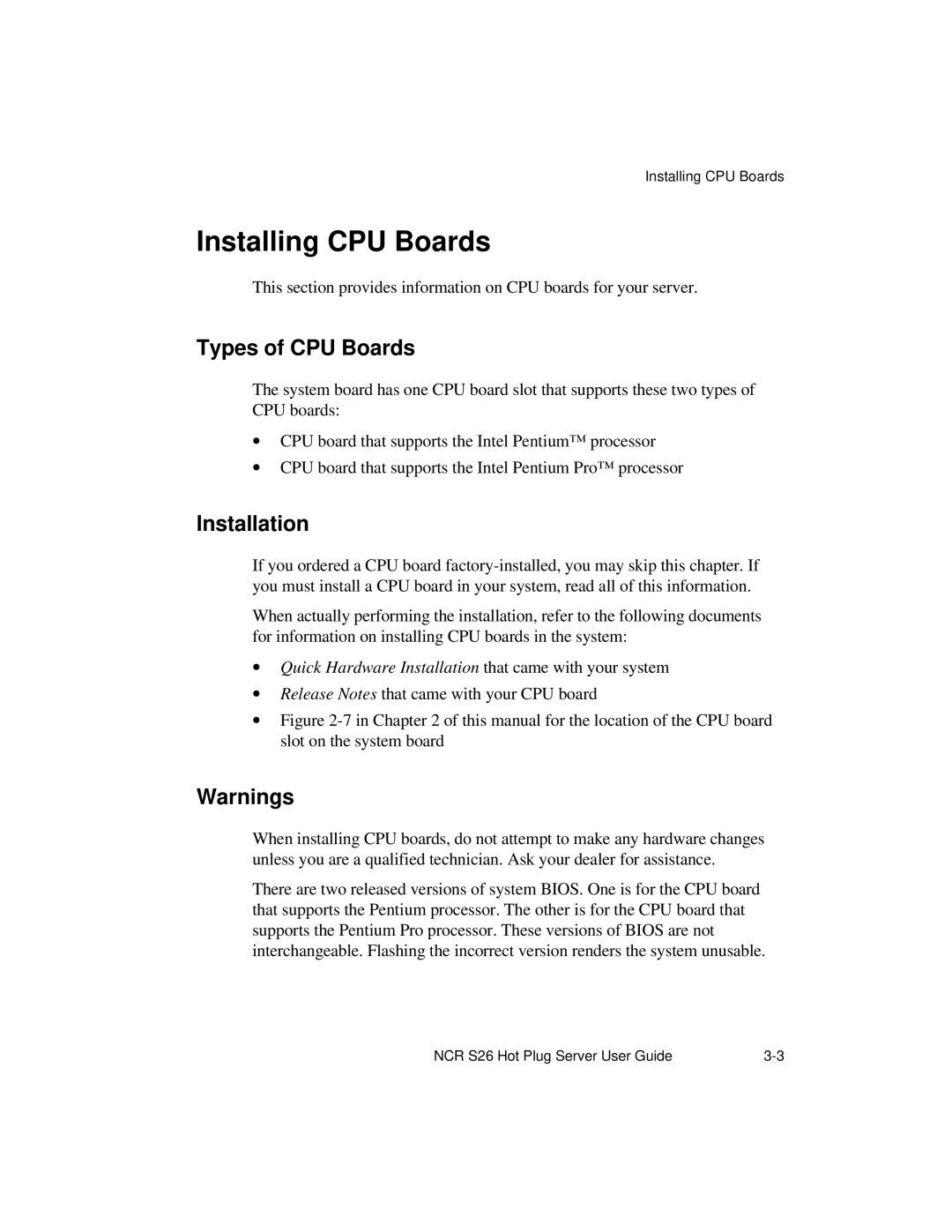 NCR S26 manual Installing CPU Boards, Types of CPU Boards, Installation 