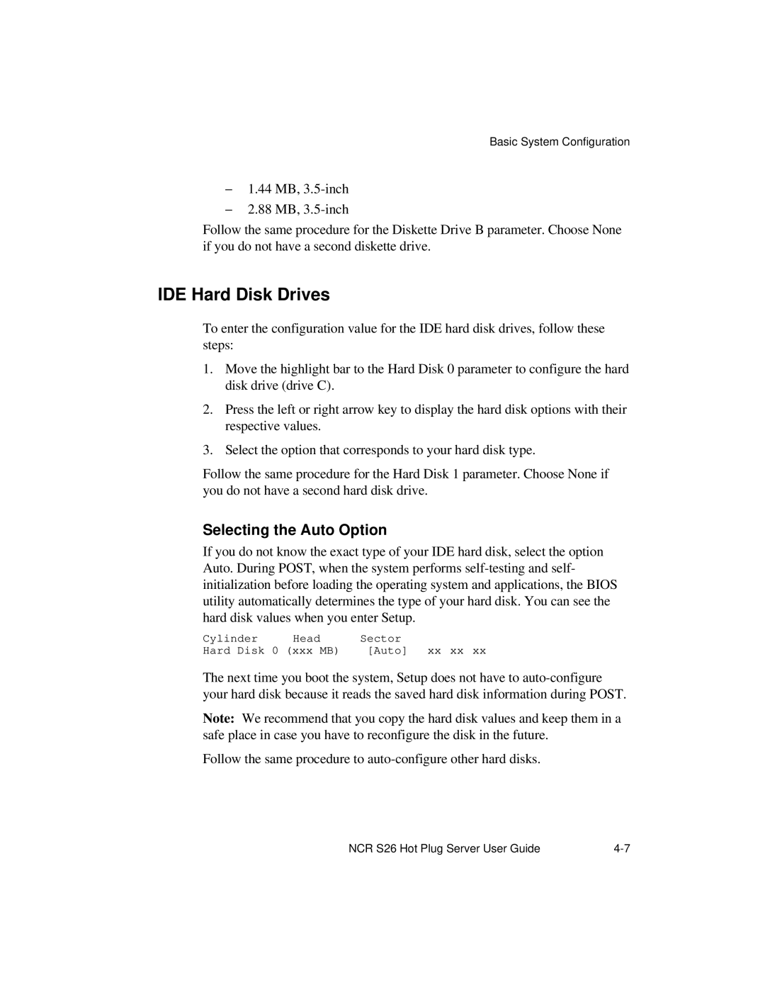 NCR S26 manual IDE Hard Disk Drives, Selecting the Auto Option 