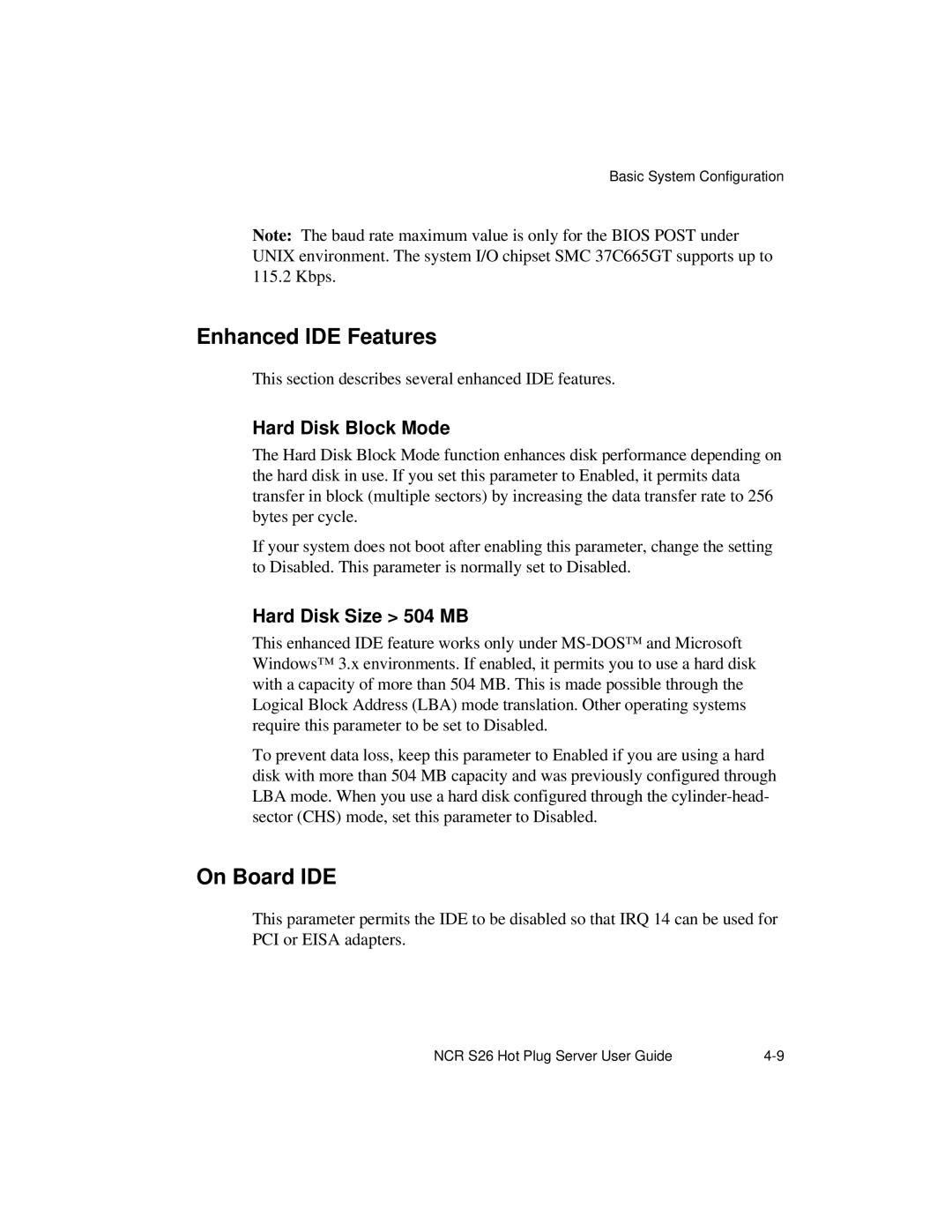 NCR S26 manual Enhanced IDE Features, On Board IDE, Hard Disk Block Mode, Hard Disk Size 504 MB 