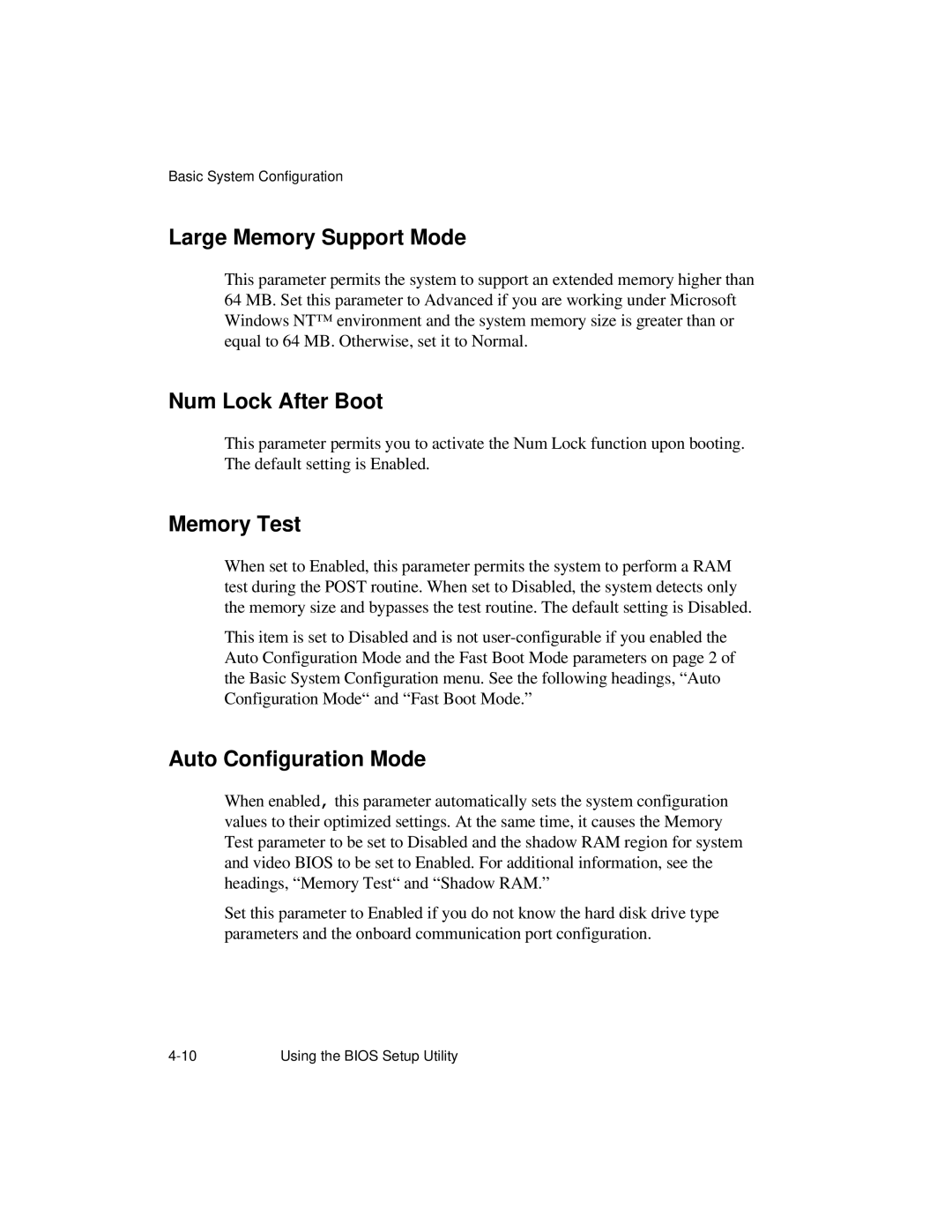 NCR S26 manual Large Memory Support Mode, Num Lock After Boot, Memory Test, Auto Configuration Mode 