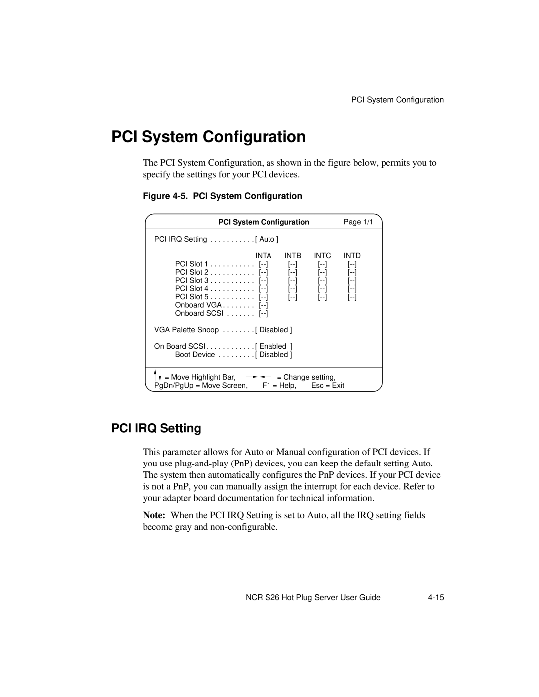 NCR S26 manual PCI System Configuration, PCI IRQ Setting 