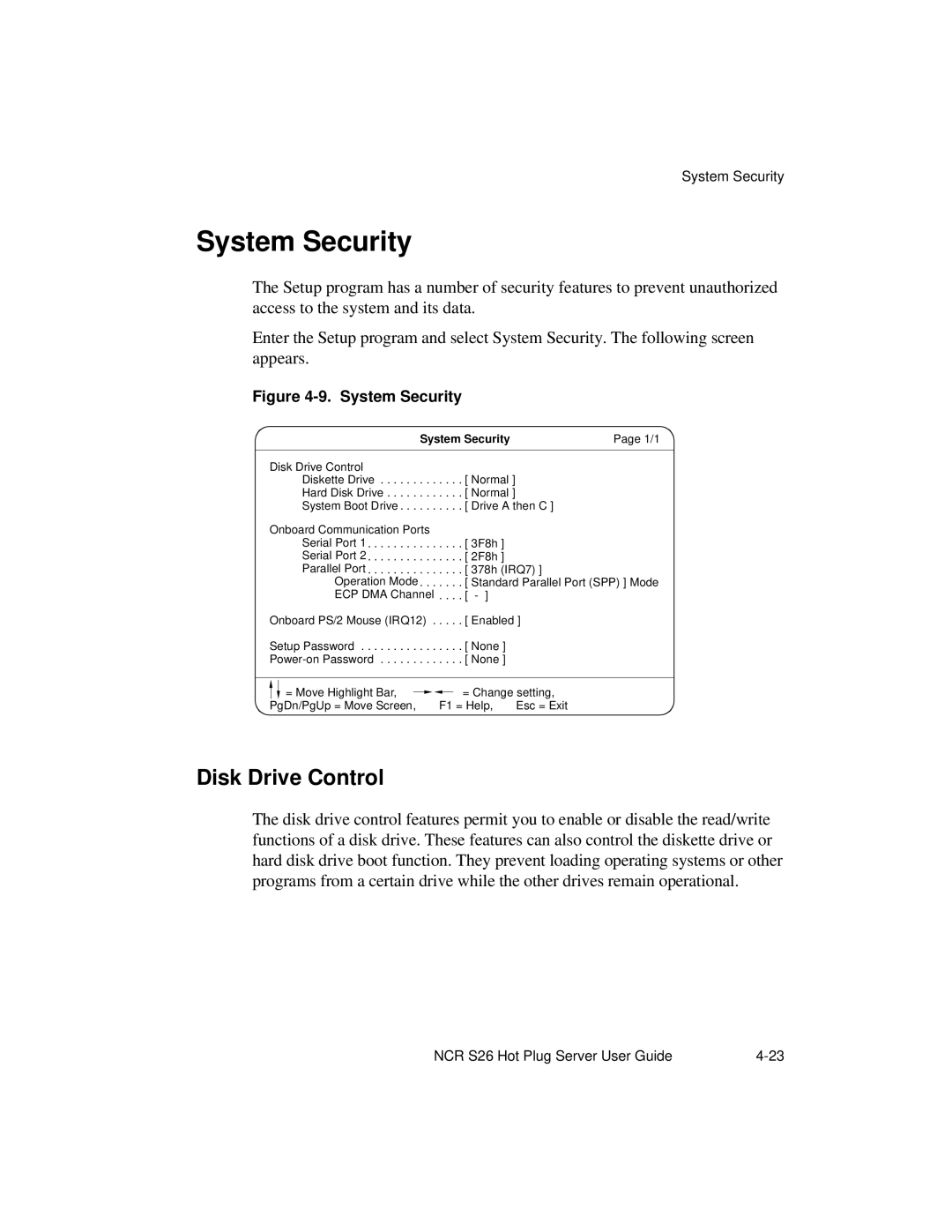 NCR S26 manual System Security, Disk Drive Control 