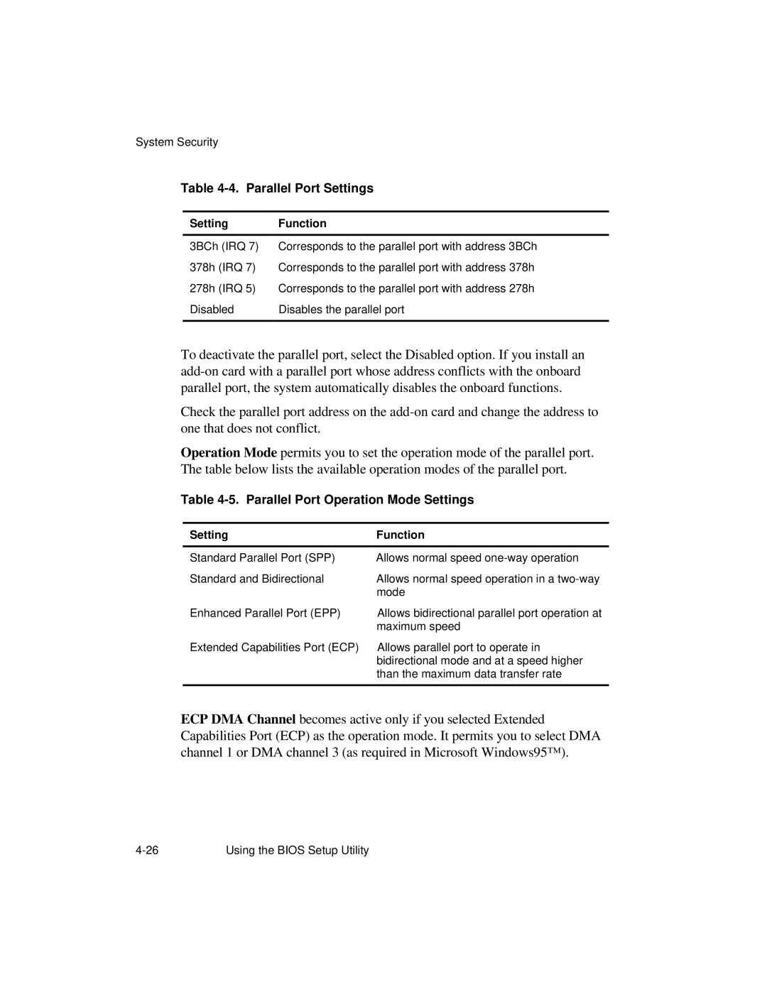 NCR S26 manual Parallel Port Settings, Parallel Port Operation Mode Settings, Setting Function 