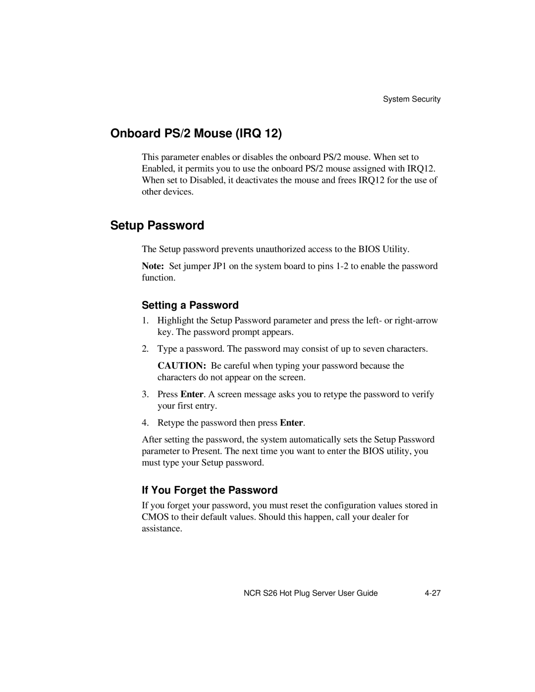 NCR S26 manual Onboard PS/2 Mouse IRQ, Setup Password, Setting a Password, If You Forget the Password 