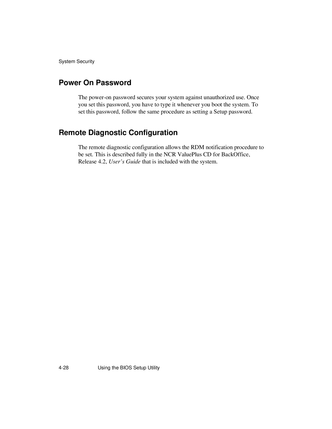 NCR S26 manual Power On Password, Remote Diagnostic Configuration 