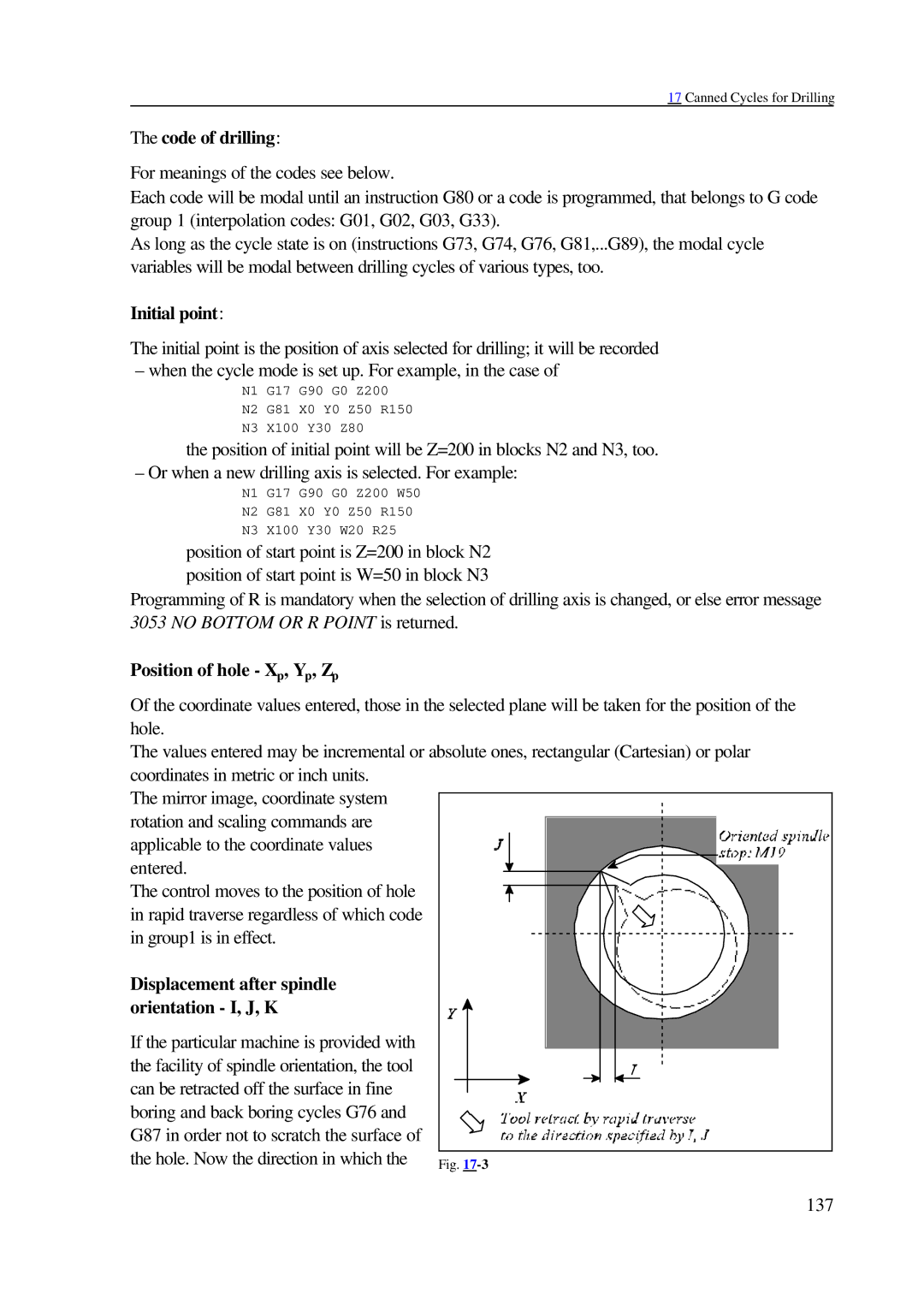 NCT Group 99M Code of drilling, Initial point, Position of hole Xp, Yp, Zp, Displacement after spindle Orientation I, J, K 