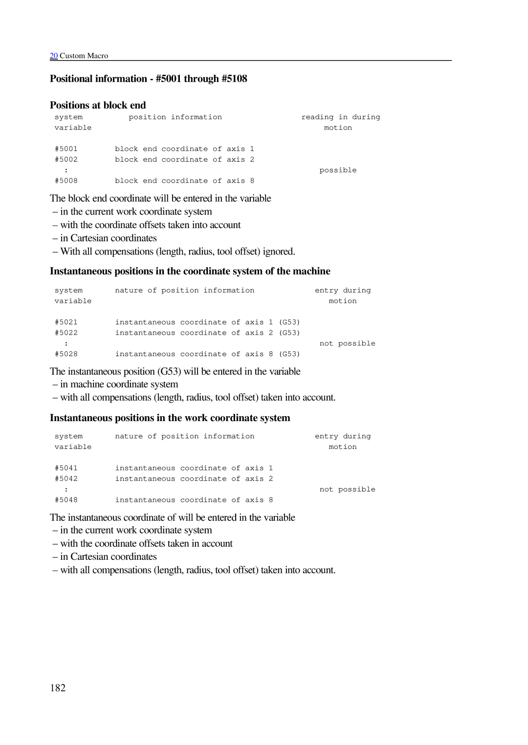 NCT Group 2000M, 99M manual Instantaneous positions in the work coordinate system 