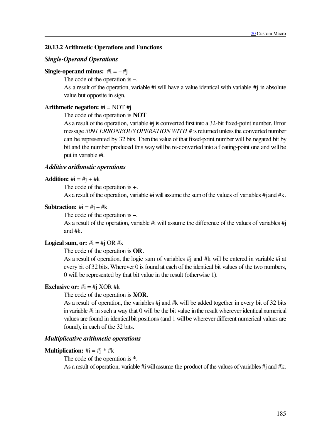 NCT Group 99M, 2000M manual Arithmetic Operations and Functions, Single-operand minus #i = #j The code of the operation is 