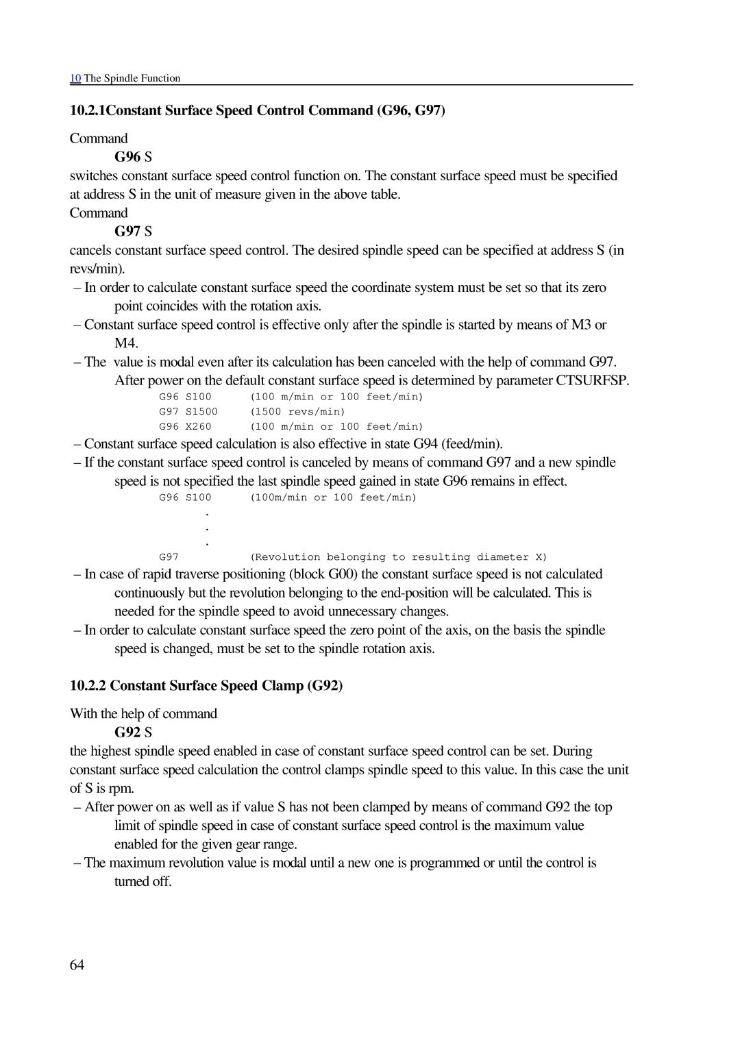 NCT Group 2000M, 99M manual 10.2.1Constant Surface Speed Control Command G96, G97, G96 S, Constant Surface Speed Clamp G92 