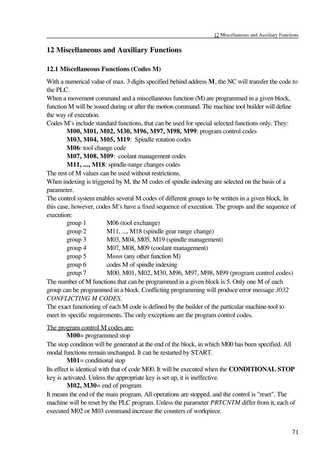 NCT Group 99M, 2000M manual Miscellaneous and Auxiliary Functions, Miscellaneous Functions Codes M 