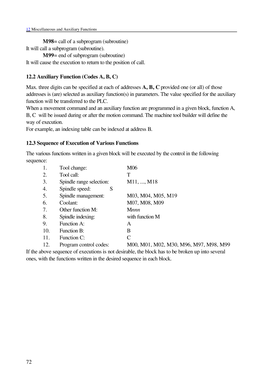 NCT Group 2000M, 99M manual Auxiliary Function Codes A, B, C, Sequence of Execution of Various Functions 