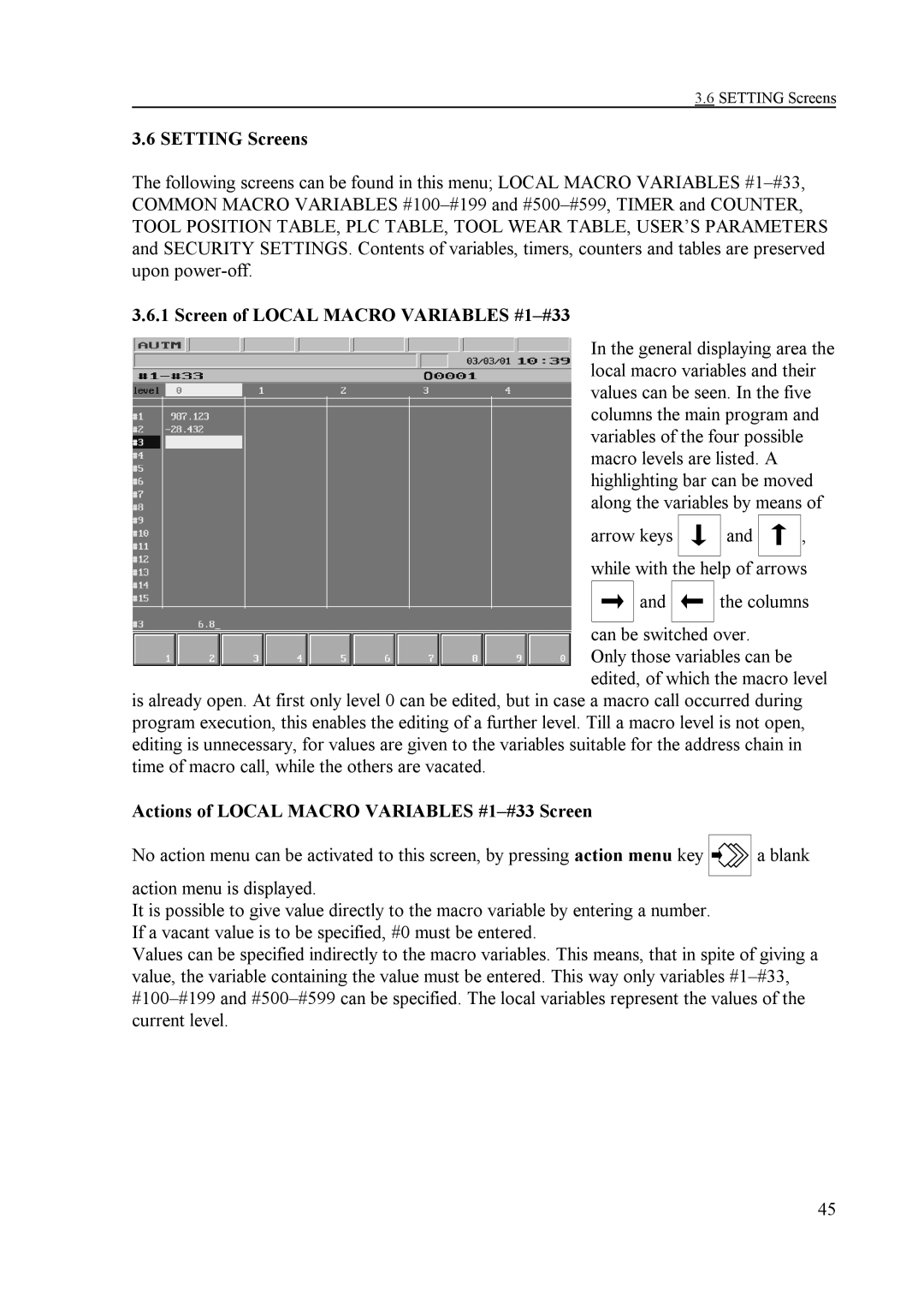 NCT Group NCT 100T Setting Screens, Screen of Local Macro Variables #1-#33, Actions of Local Macro Variables #1-#33 Screen 