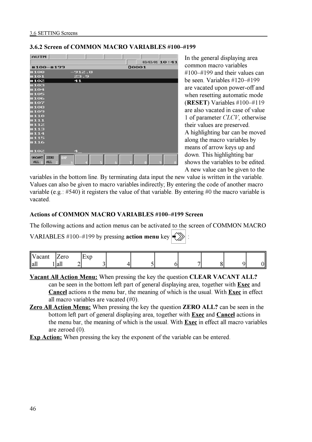 NCT Group NCT 990T manual Screen of Common Macro Variables #100-#199, Actions of Common Macro Variables #100-#199 Screen 