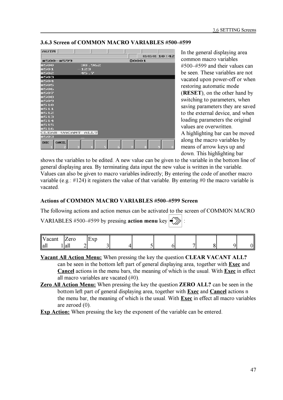 NCT Group NCT 2000T manual Screen of Common Macro Variables #500-#599, Actions of Common Macro Variables #500-#599 Screen 