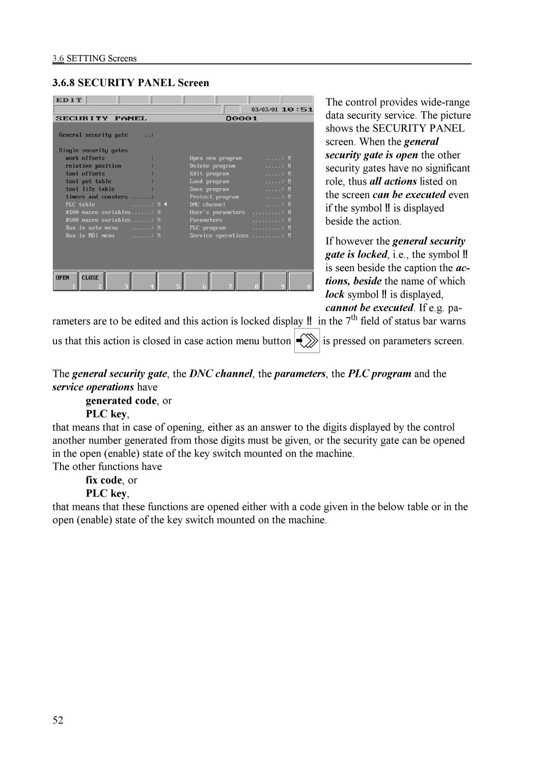 NCT Group NCT 990T, NCT 100T, NCT 2000T manual Security Panel Screen, Generated code, or PLC key, Fix code, or PLC key 