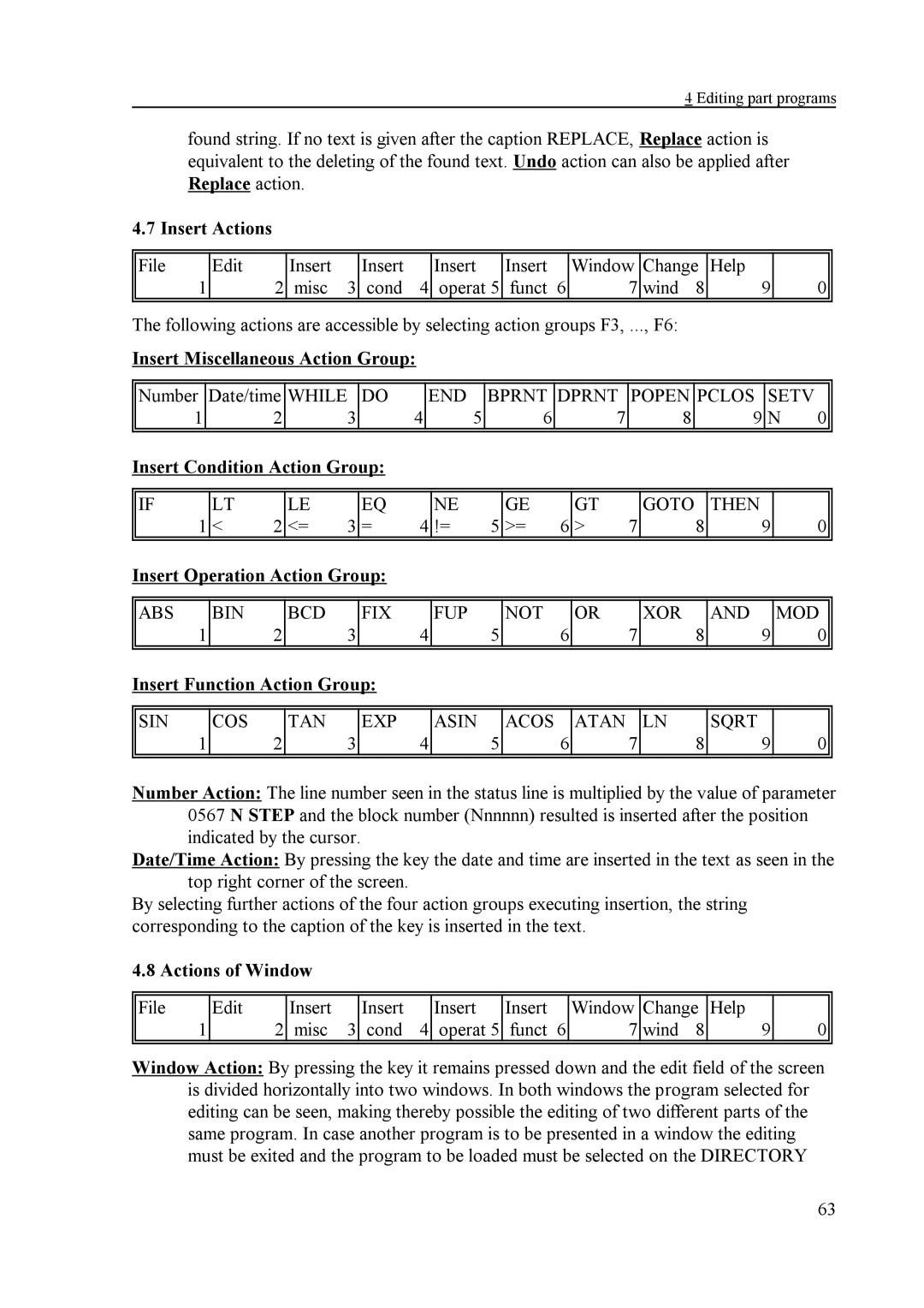 NCT Group NCT 100T Insert Actions, Insert Miscellaneous Action Group, Insert Condition Action Group, Actions of Window 