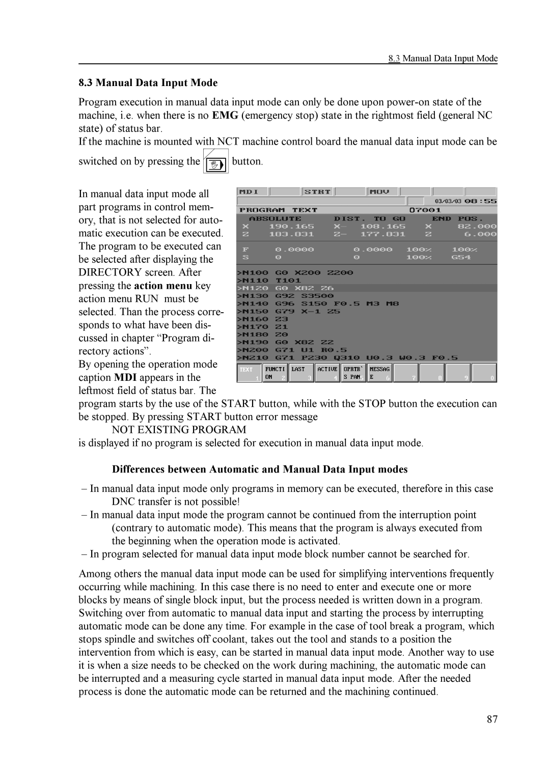 NCT Group NCT 100T, NCT 990T, NCT 2000T Manual Data Input Mode, Differences between Automatic and Manual Data Input modes 