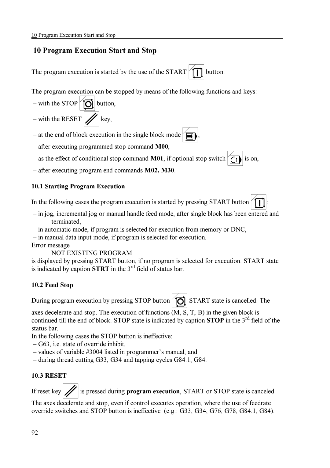 NCT Group NCT 2000T, NCT 100T, NCT 990T manual Program Execution Start and Stop, Starting Program Execution, Feed Stop, Reset 