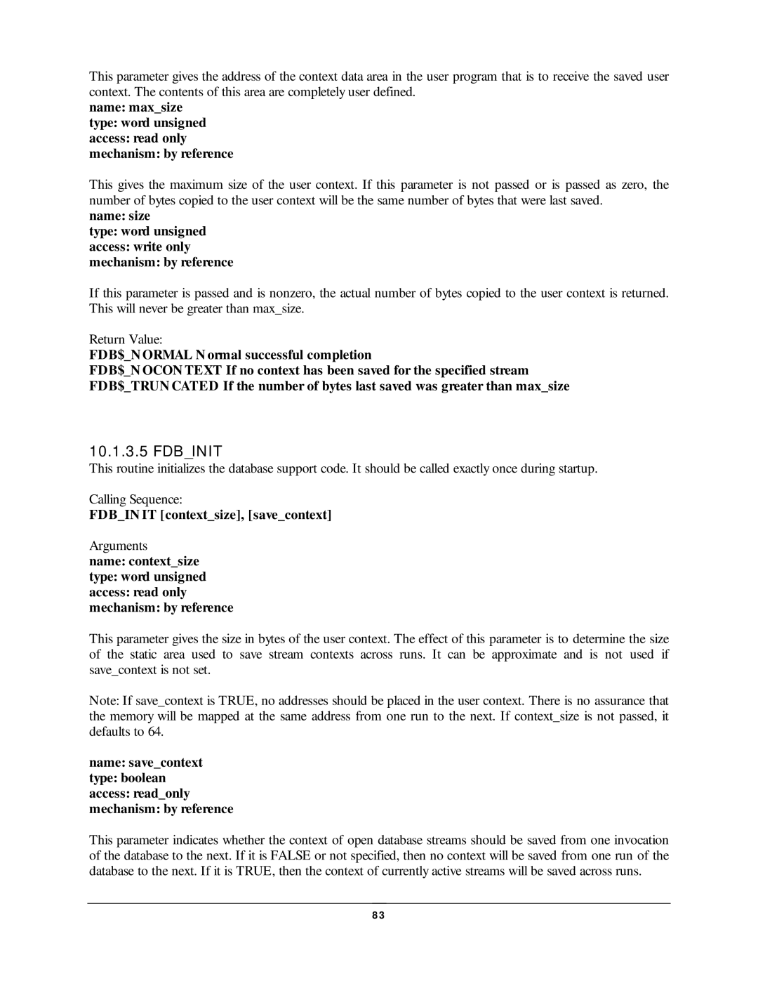 NDC comm CompuFax user manual Fdbinit, Fdbin IT contextsize, savecontext, Arguments 