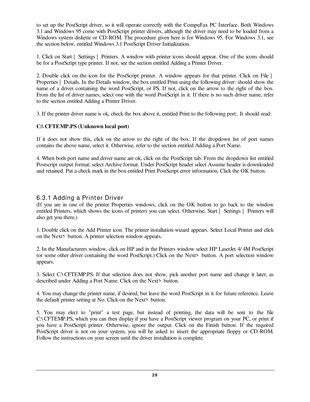 NDC comm CompuFax user manual Adding a Print er Driver, CFTEMP.PS Unknown local port 