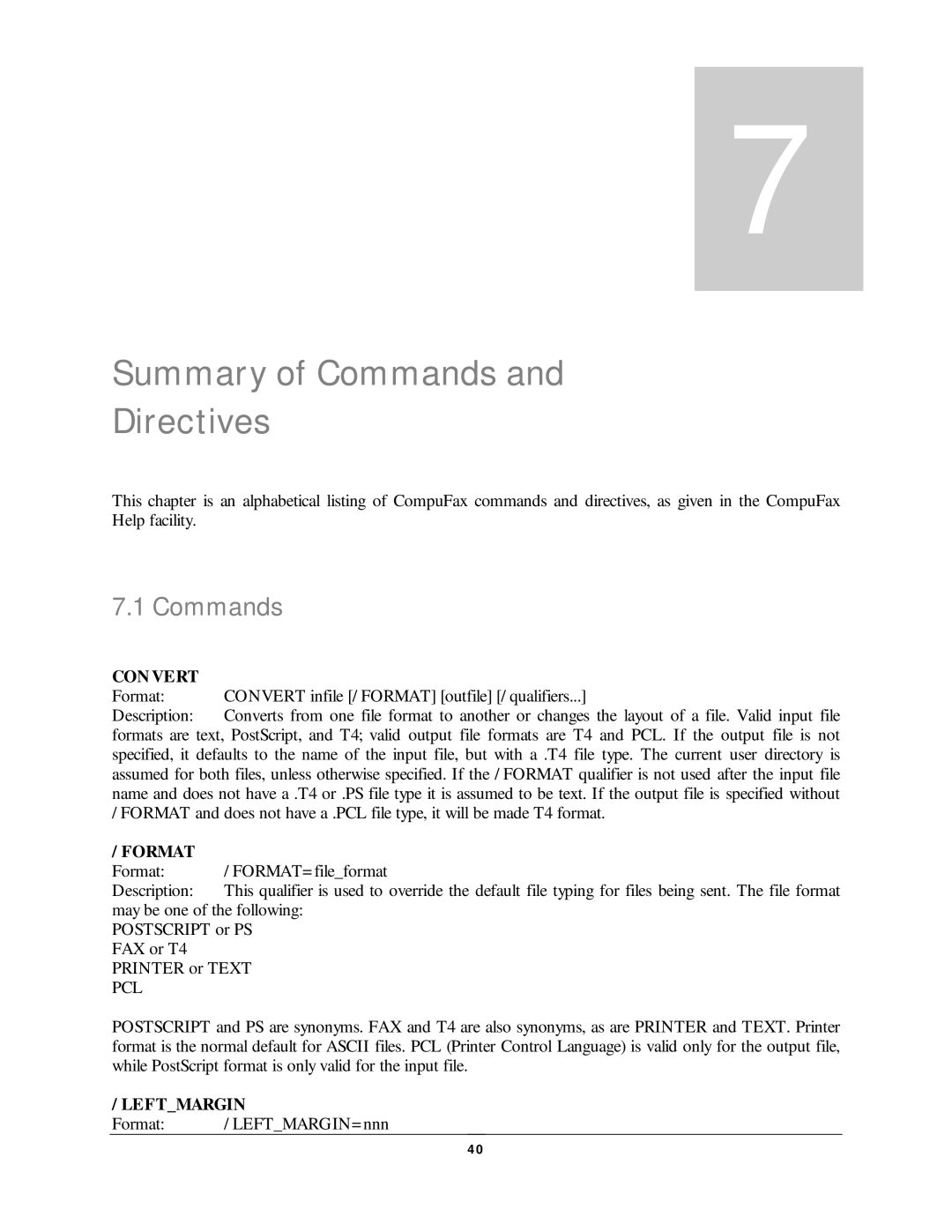 NDC comm CompuFax user manual Summary of Commands Directives, CON Vert, Format, Leftmargin 