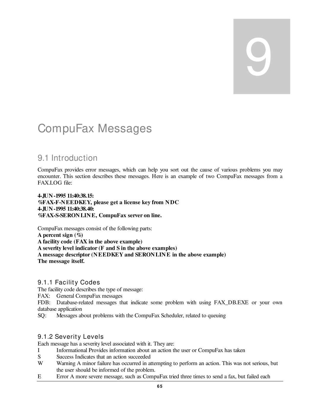 NDC comm user manual CompuFax Messages, Fac ilit y Codes, Severit y Levels, Fdb 