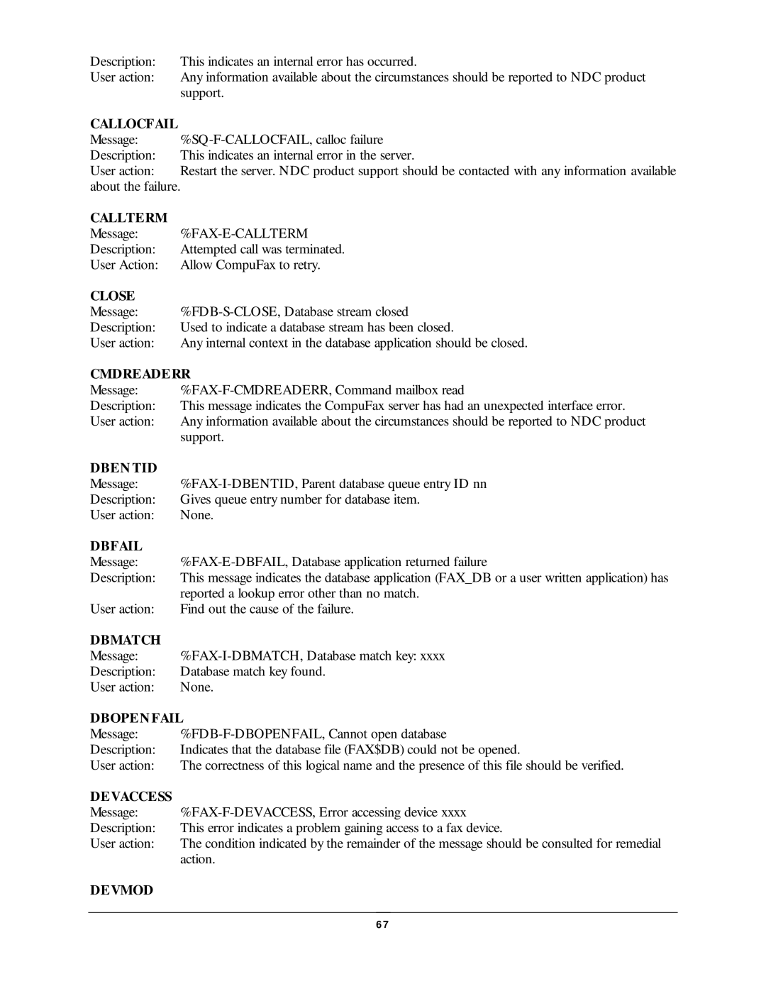 NDC comm CompuFax user manual Callterm, Close, Cmdreaderr, Dben TID, Dbfail, Dbmatch, Dbopen Fail, Devaccess, Devmod 