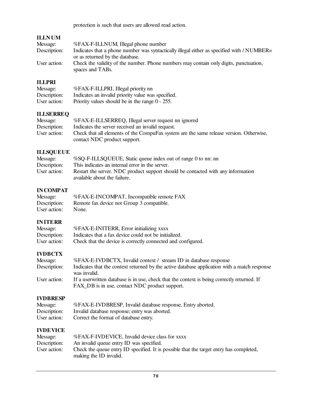 NDC comm CompuFax user manual Illn UM, Illpri, Illserreq, Illsqueue, Compat, Iterr, Ivdbctx, Ivdbresp, Ivdevice 