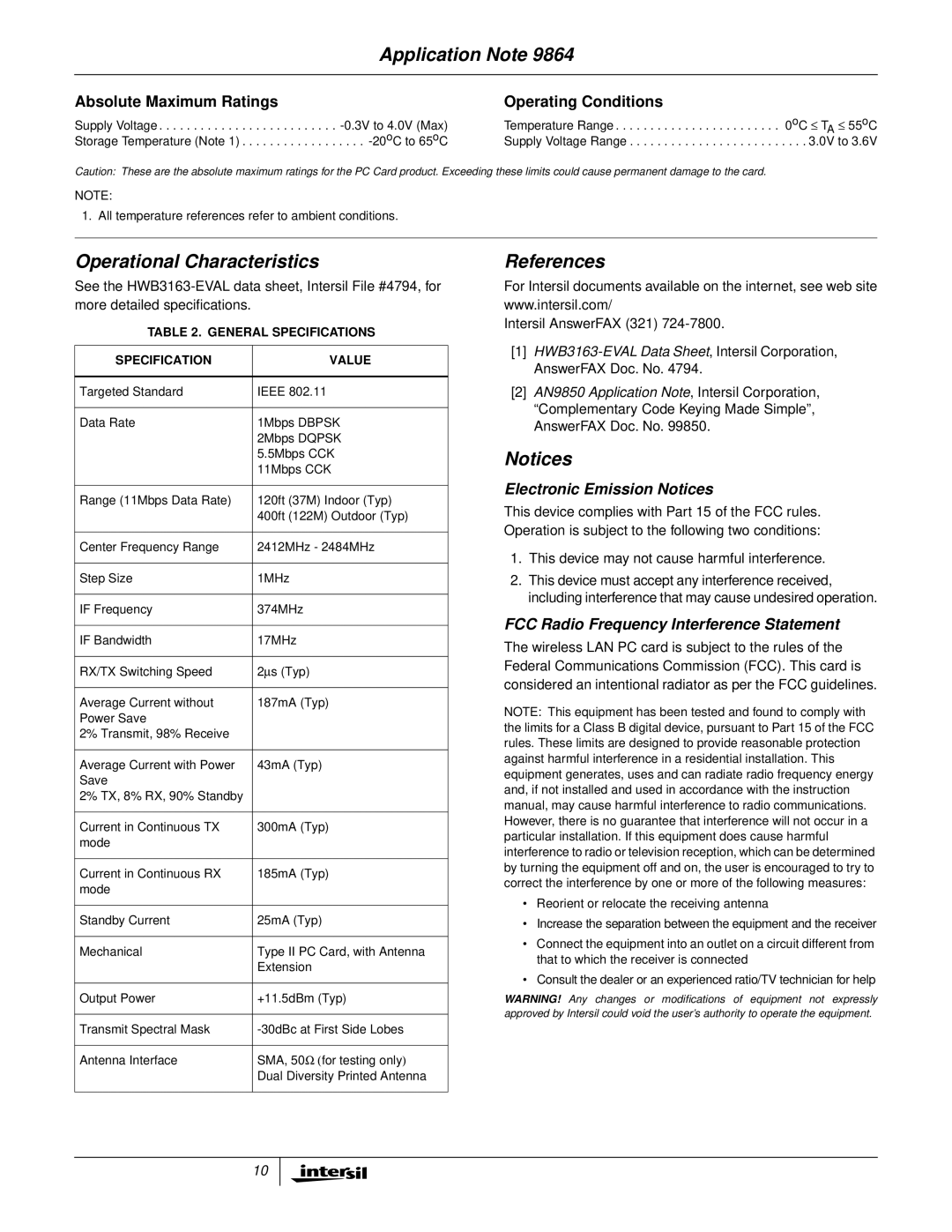 NDC comm HWB3163 manual Operational Characteristics, References, Electronic Emission Notices, General Specifications Value 