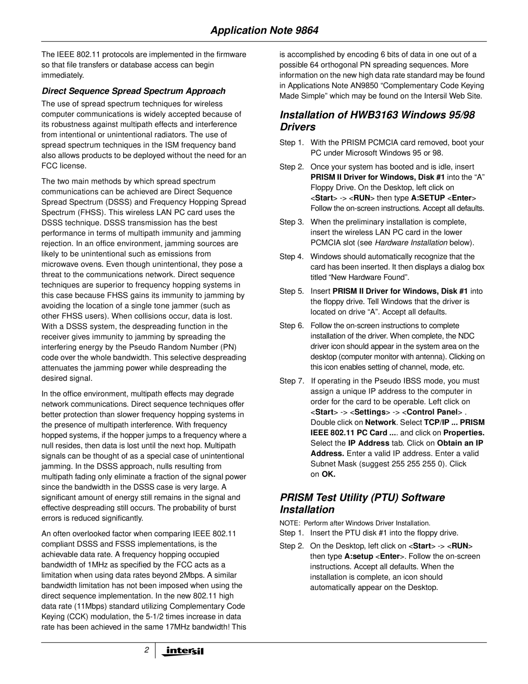 NDC comm Application Note, Installation of HWB3163 Windows 95/98 Drivers, Prism Test Utility PTU Software Installation 