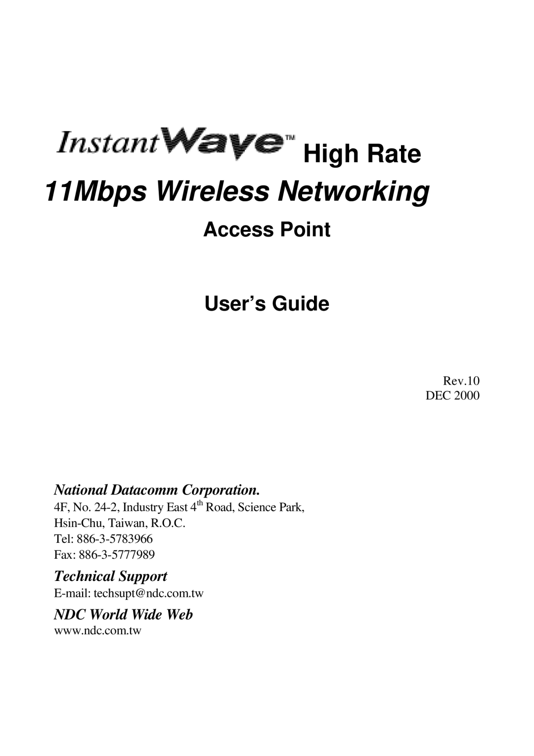 NDC comm Instant Wave manual 11Mbps Wireless Networking, Access Point User’s Guide 